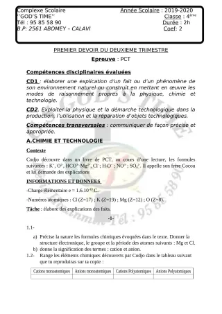 Première page de PCT 4e — 1er devoir surveillé, 2e trimestre (2019-2020) · CPEG GOD'S TIME