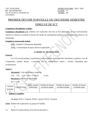 Première page de PCT 4e — 1er devoir surveillé, 2e semestre (2019-2020) · CEG FIYEGNON