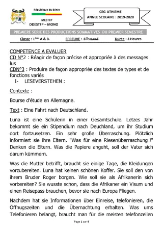 Première page de Allemand 1ère A1, 1ère A2, 1ère B — 1er semestre (2019-2020) · CEG ATHIEME