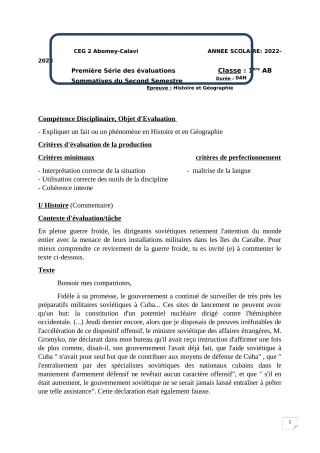 Première page de Histoire-Géographie 1ère A & B — 1re évaluation sommative, 2e semestre (2022-2023) · CEG2 ABOMEY - CALAVI (CEG ZOCA)