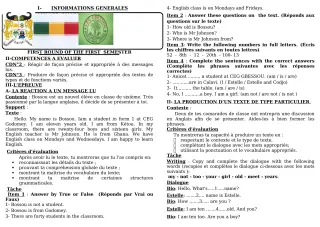 Première page de Devoir surveillé de ANGLAIS — 6e — CEG GBESSOU (2019)