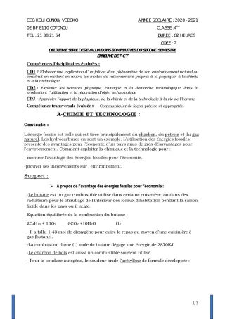 Première page de PCT 4e — 2e évaluation sommative, 2e semestre (2020-2021) · CEG Kouhounou-Vêdoko