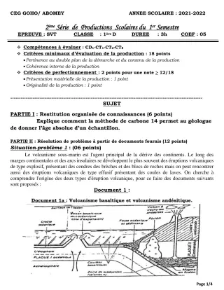 Première page de SVT 1ère D — 2e production scolaire, 1er semestre (2021-2022) · CEG GOHO