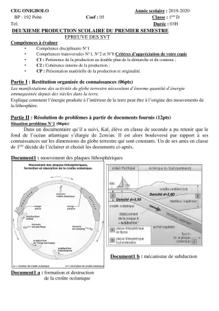Première page de SVT 1ère D — 2e production scolaire, 1er semestre (2019-2020) · CEG ONIGBOLO