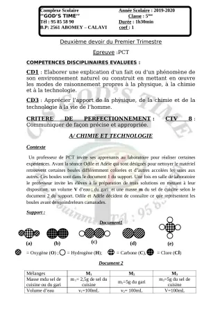 Première page de PCT 5e — 2e devoir surveillé, 1er trimestre (2019-2020) · CPEG GOD'S TIME