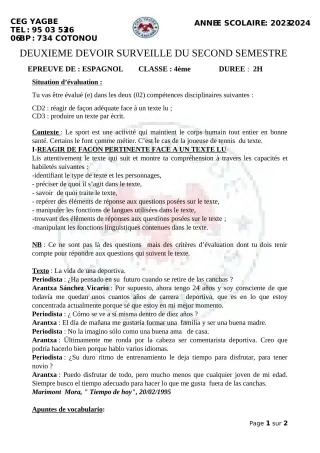 Première page de Espagnol 4e — 2e devoir surveillé, 2e semestre (2023-2024) · CEG Yagbe