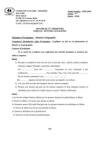 Première page de Histoire-Géographie 6e, 5e, 4e, 4e ML — Devoir surveillé, 3e trimestre (2019-2020) · CPEG Frédéric Macaire
