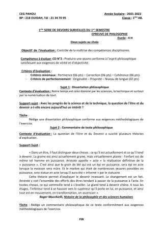Première page de Philosophie 1ère A1, 1ère A2, 1ère B — 1er devoir surveillé, 1er semestre (2021-2022) · CEG PAHOU