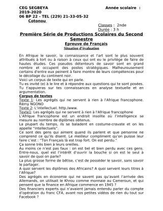 Première page de Français 2nde A & B — 1re production scolaire, 2e semestre (2019-2020) · CEG SEGBEYA