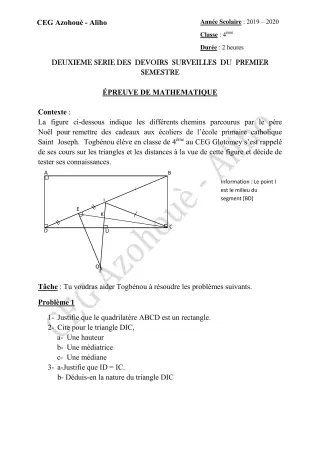 Première page de Mathématiques 4e ML&MC — 2e devoir surveillé, 1er semestre (2019-2020) · CEG AZOHOUE-ALIHO