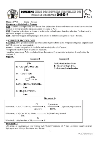Première page de PCT 1ère D — 2e devoir surveillé, 1er semestre (2018-2019) · CEG1 Covè
