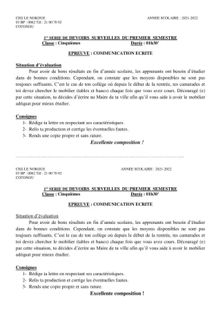Première page de Français 5e — 1er devoir surveillé, 1er semestre (2021-2022) · CEG LE NOKOUE