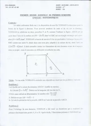 Première page de Mathématiques 3e, 3e ML — 1er devoir surveillé, 1er semestre (2018-2019) · CEG ADJAGBO