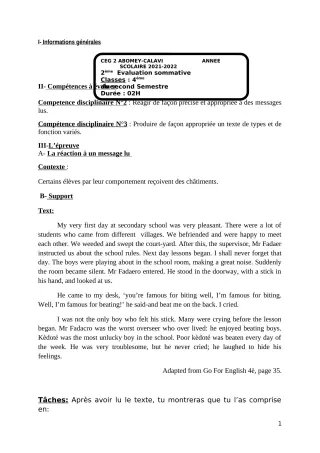 Première page de Anglais 4e — 2e évaluation sommative, 2e semestre (2021-2022) · CEG2 ABOMEY - CALAVI (CEG ZOCA)