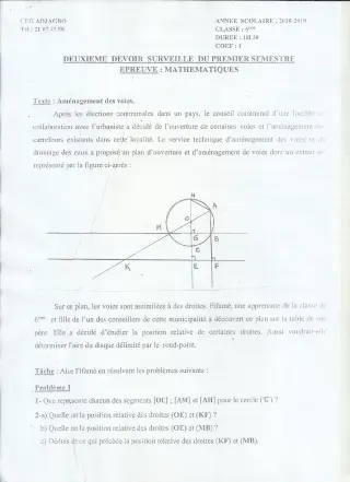 Première page de Mathématiques 6e — 2e devoir surveillé, 1er semestre (2018-2019) · CEG ADJAGBO