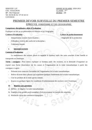 Première page de Histoire-Géographie 4e — 1er devoir surveillé, 1er semestre (2020-2021) · CEG FIYEGNON