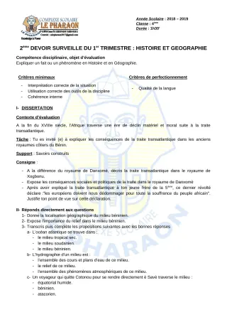 Première page de Histoire-Géographie 4e, 4e ML — 2e devoir surveillé, 1er trimestre (2019-2020) · CPEG LE PHARAON