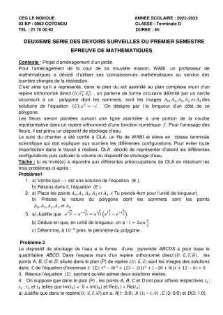 Première page de Mathématiques Tle D — 2e devoir surveillé, 1er semestre (2022-2023) · CEG LE NOKOUE