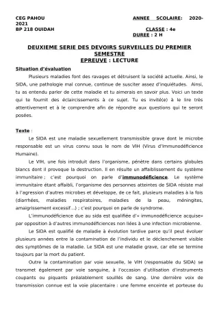 Première page de Français 4e — 2e devoir surveillé, 1er semestre (2020-2021) · CEG PAHOU