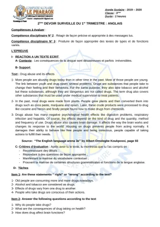 Première page de Anglais 3e, 3e ML — 2e devoir surveillé, 1er trimestre (2019-2020) · CPEG LE PHARAON