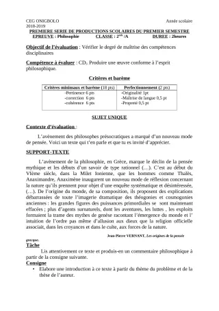 Première page de Philosophie 2nde A2 — 1re production scolaire, 1er semestre (2018-2019) · CEG ONIGBOLO