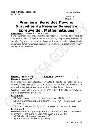 Première page de Mathématiques 6e, 5e, 4e, 4e ML, 3e, 3e ML, 2nde A & B, 2nde D, Tle D — 1er devoir surveillé, 1er semestre (2018-2019) · CEG Agassa Godomey