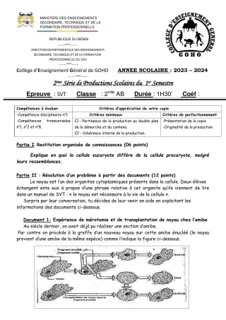 Première page de SVT 2nde A & B — 2e production scolaire, 1er semestre (2023-2024) · CEG GOHO