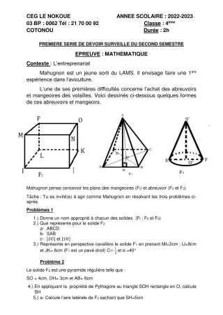 Première page de Mathématiques 4e, 4e ML — 1er devoir surveillé, 2e semestre (2022-2023) · CEG LE NOKOUE