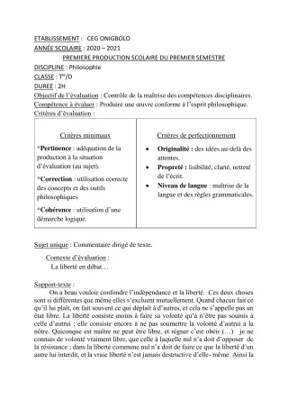 Première page de Philosophie Tle D — 1re production scolaire, 1er semestre (2020-2021) · CEG ONIGBOLO