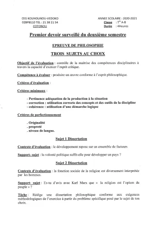 Première page de Philosophie Tle A1, Tle A2, Tle B — 1er devoir surveillé, 2e semestre (2020-2021) · CEG Kouhounou-Vêdoko