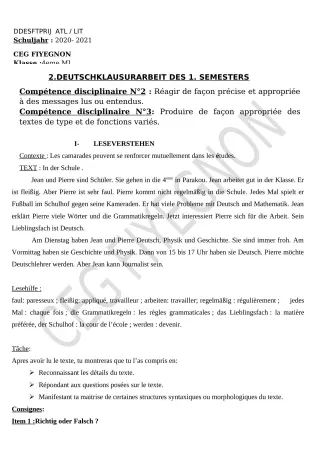 Première page de Devoir surveillé de ALLEMAND — 4e — CEG FIYEGNON (2020)