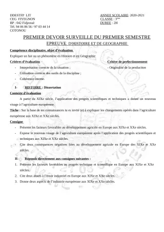 Première page de Histoire-Géographie 3e, 3e ML — 1er devoir surveillé, 1er semestre (2020-2021) · CEG FIYEGNON