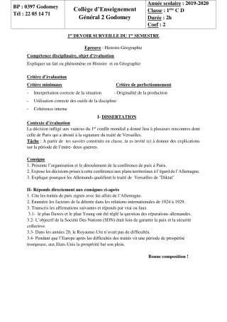 Première page de Histoire-Géographie 1ère C, 1ère D, 1ère EFS — 1er devoir surveillé, 1er semestre (2019-2020) · CEG2 Godomey