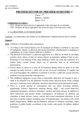 Première page de Anglais 1ère A & B, 1ère A1, 1ère A2, 1ère B, 1ère D — 1er devoir surveillé, 1er semestre (2019-2020) · CEG Attogon