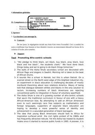 Première page de Anglais Tle A1 — 2e évaluation sommative (2021-2022) · CEG2 ABOMEY - CALAVI (CEG ZOCA)