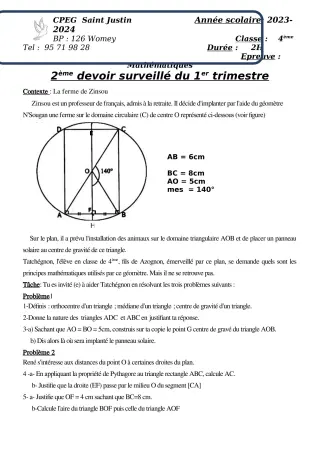 Première page de Mathématiques 4e, 2nde D — 2e devoir surveillé, 1er trimestre (2023-2024) · CPEG SAINT Justin