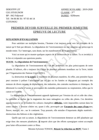 Première page de Français 3e, 3e ML, 2nde A2, 2nde B, 2nde C, 2nde D, 1ère A2, 1ère B, 1ère C, 1ère D, Tle A1, Tle A2, Tle B, Tle C, Tle D — 1er devoir surveillé, 1er semestre (2019-2020) · CEG FIYEGNON
