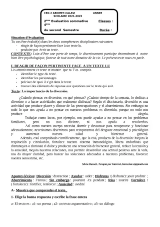 Première page de Espagnol 4e — 2e évaluation sommative, 2e semestre (2021-2022) · CEG2 ABOMEY - CALAVI (CEG ZOCA)