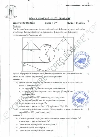Première page de Mathématiques 5e — 1er devoir surveillé, 1er trimestre (2020-2021) · CPEG ROSAIRE