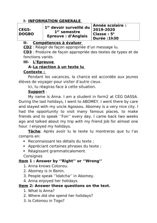 Première page de Anglais 5e — 1er devoir surveillé, 1er semestre (2018-2019) · CEG5 DOGBO