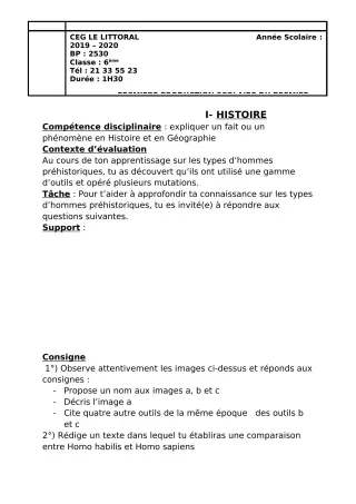 Première page de Histoire-Géographie 6e — 1re production scolaire (2019-2020) · CEG Le Littoral