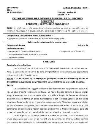 Première page de Histoire-Géographie 2nde A & B, 2nde A2, 2nde B — 2e devoir surveillé, 2e semestre (2020-2021) · CEG PAHOU