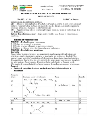 Première page de PCT 1ère D — 1er devoir surveillé, 1er semestre (2021-2022) · CEG SEKERE