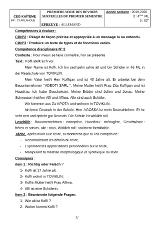 Première page de Allemand 4e ML — 1er devoir surveillé, 1er semestre (2019-2020) · CEG Kaïtèmè