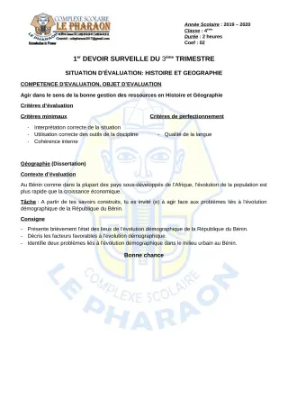 Première page de Histoire-Géographie 4e, 4e ML — 1er devoir surveillé, 3e trimestre (2019-2020) · CPEG LE PHARAON