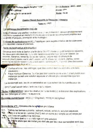 Première page de PCT 5e — 1er devoir surveillé (2019-2020) · CPEG SEGUIN SENGHOR