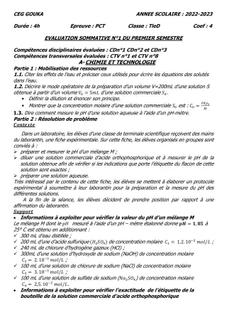 Première page de PCT Tle D — Évaluation sommative, 1er semestre (2022-2023) · CEG GOUKA