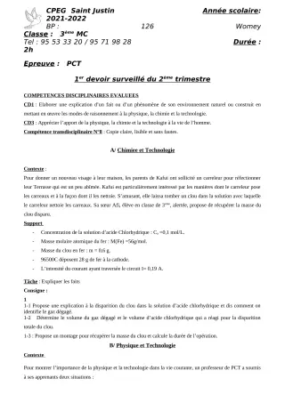 Première page de PCT 3e — 1er devoir surveillé, 2e trimestre (2021-2022) · CPEG SAINT Justin