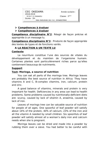 Première page de Anglais 3e — 2e devoir surveillé, 1er semestre (2018-2019) · CEG OKEDAMA