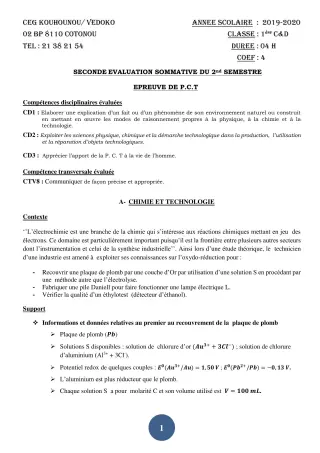 Première page de PCT 1ère C, 1ère D — 2e évaluation sommative, 2e semestre (2019-2020) · CEG Kouhounou-Vêdoko